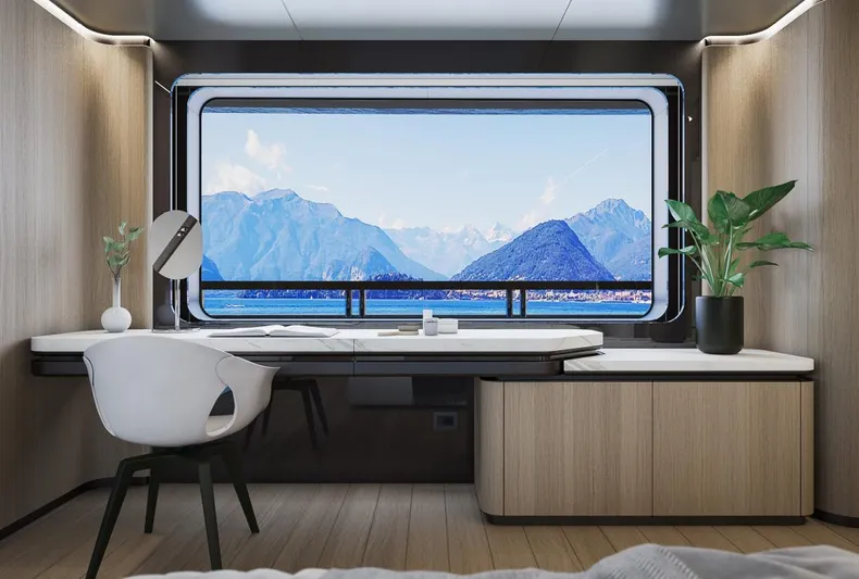 Sirena 42 Yacht Photos Pics Modern yacht cabin with mountain view, sleek desk, and stylish decor, Custom Sirena 2026 model.