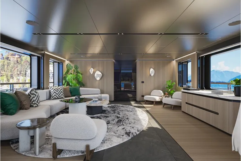 Sirena 42 Yacht Photos Pics Luxurious interior of the 2026 Custom Sirena yacht with modern furnishings and panoramic windows.