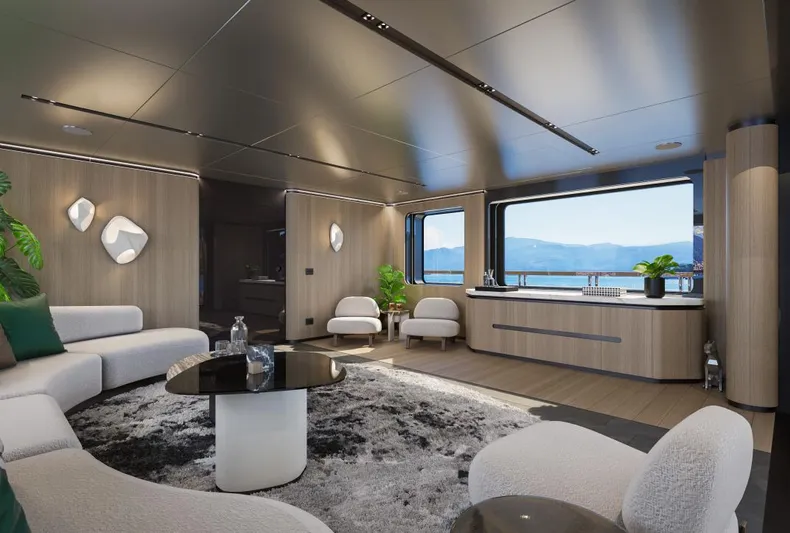 Sirena 42 Yacht Photos Pics Luxurious 2026 Custom Sirena yacht interior with modern furnishings and panoramic ocean view.