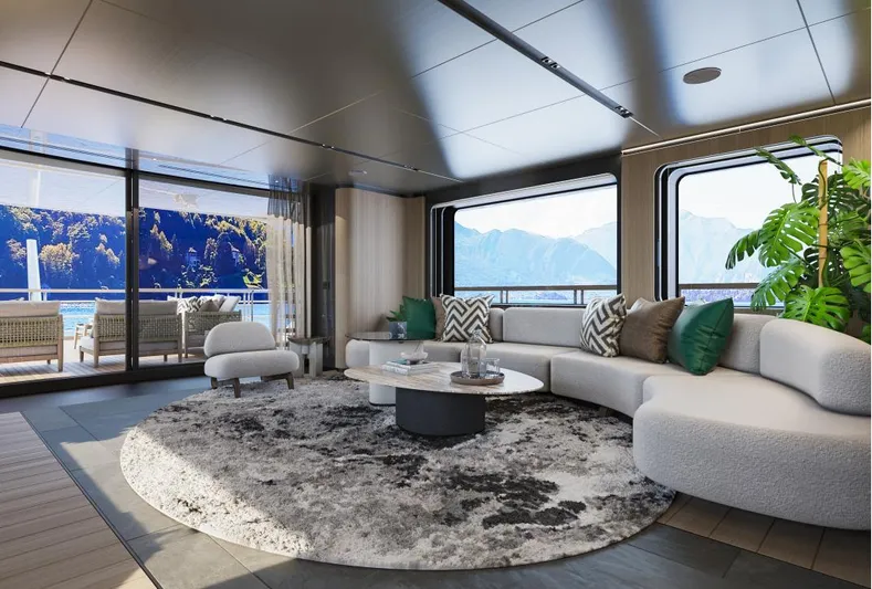 Sirena 42 Yacht Photos Pics Luxurious 2026 Custom Sirena yacht interior with modern decor, large windows, and scenic ocean views.