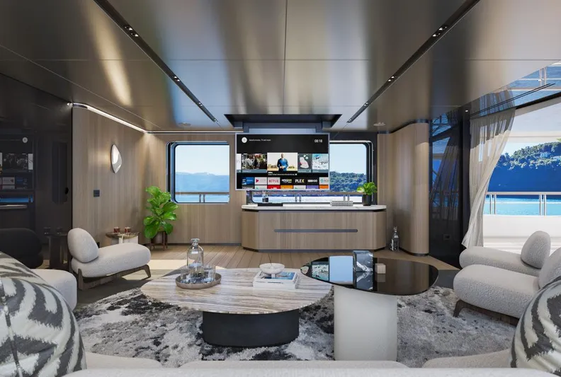 Sirena 42 Yacht Photos Pics Luxurious 2026 Custom Sirena yacht interior with modern decor, large windows, and entertainment system.