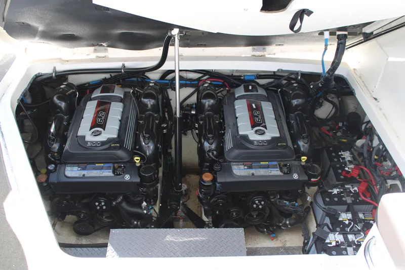  Yacht Photos Pics Engine compartment of 2019 Sea Ray Sundancer 320 with dual 6.2-liter engines.