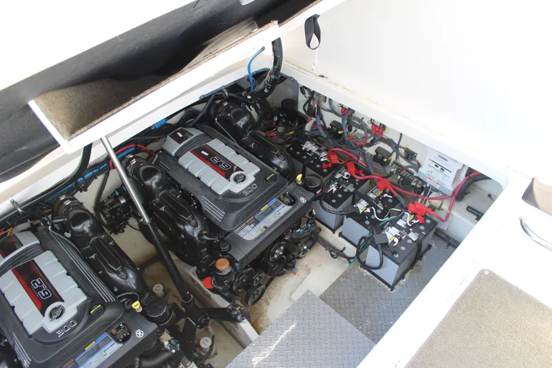 Yacht Photos Pics 2019 Sea Ray Sundancer 320 engine compartment with dual engines and battery setup.