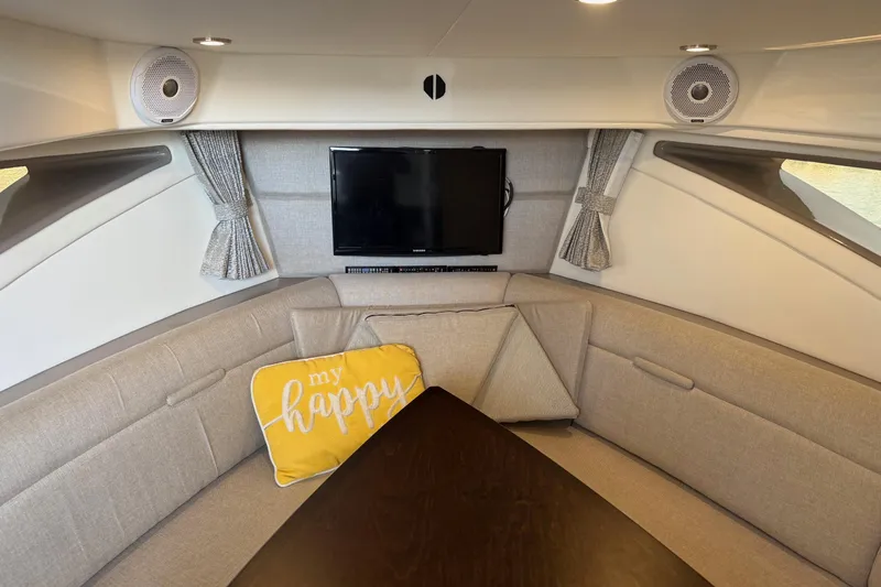  Yacht Photos Pics Interior of 2019 Sea Ray Sundancer 320 with cozy seating and TV.