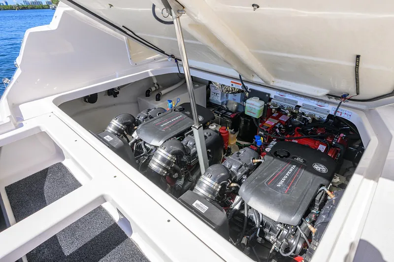 Damn Daddy Yacht Photos Pics Engine compartment of 2020 Regal 35 Sport Coupe with Volvo Penta engines.