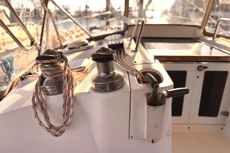 Orion Yacht Photos Pics Cockpit of 2002 Hunter 410 sailboat with winches and ropes.