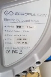 Orion Yacht Photos Pics EPropulsion electric outboard motor label, model Spirit 1.0 Evo-S, 1000W, 48V, dated 2021-07-05.