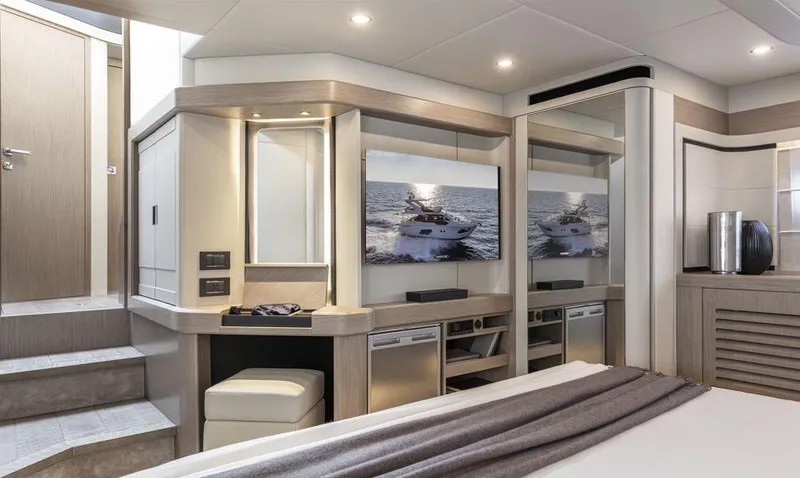 Absolute 50 Fly Yacht Photos Pics Luxurious interior of 2025 Absolute 50 Fly yacht with modern decor and ambient lighting.