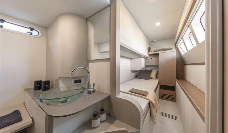 Absolute 50 Fly Yacht Photos Pics Luxurious interior of 2025 Absolute 50 Fly yacht cabin with modern amenities.