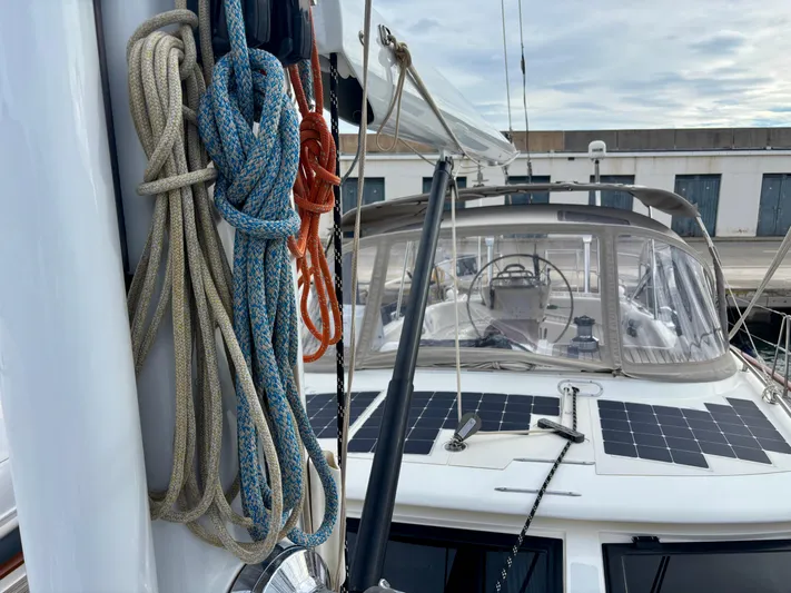  Yacht Photos Pics Sailing yacht Oyster 56, 2003 model, with ropes and solar panels on deck.