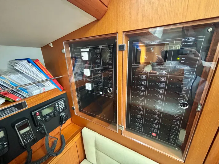  Yacht Photos Pics Control panels and communication devices inside a 2003 Oyster 56 yacht cabin.