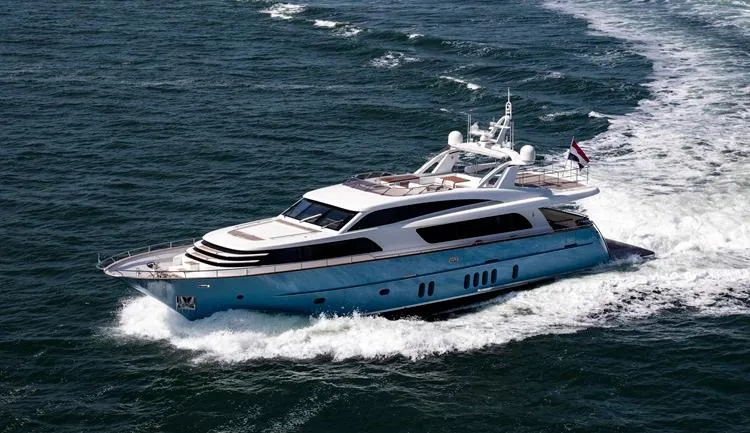 Helga Yacht Photos Pics Luxury Van der Valk RAISED PILOTHOUSE yacht cruising on open water, 2021 model.