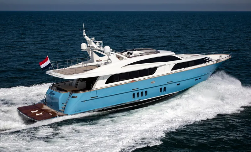 Helga Yacht Photos Pics Luxury 2021 Van der Valk RAISED PILOTHOUSE yacht cruising on open sea.