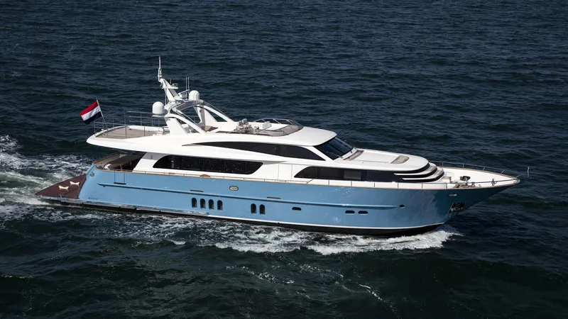 Helga Yacht Photos Pics Luxury Van der Valk RAISED PILOTHOUSE yacht cruising on open water, 2021 model.