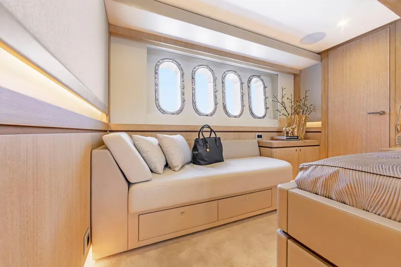 Helga Yacht Photos Pics Luxurious cabin interior of 2021 Van der Valk RAISED PILOTHOUSE yacht with elegant decor.