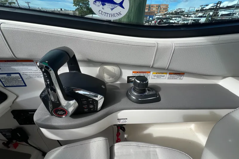 Touch Of Grey Yacht Photos Pics 2022 Sea Ray Sundancer 320 OB helm controls with joystick and throttle.