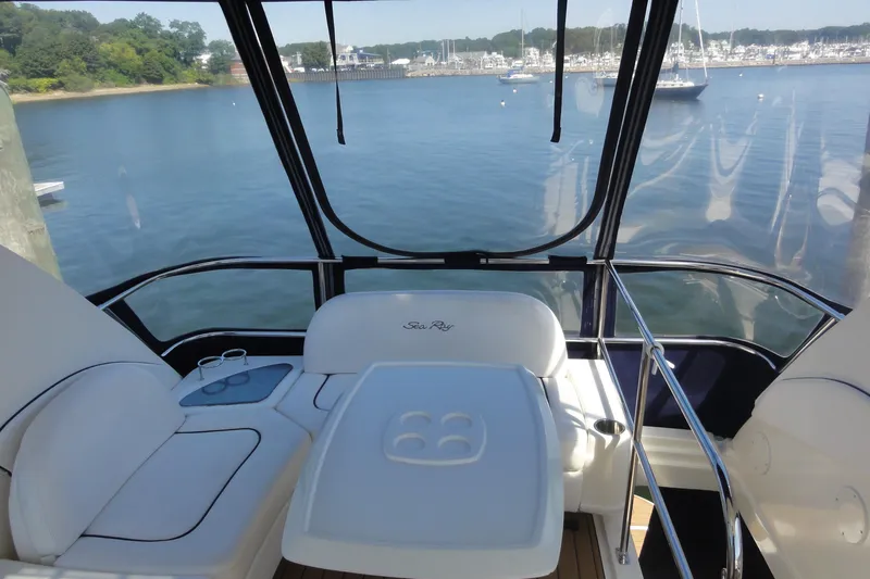  Yacht Photos Pics 2007 Sea Ray 36 Sedan Bridge yacht interior with scenic marina view.