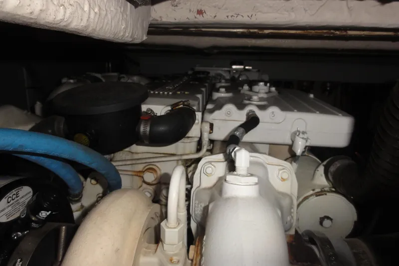  Yacht Photos Pics Engine compartment of a 2007 Sea Ray 36 Sedan Bridge boat, showing mechanical components.