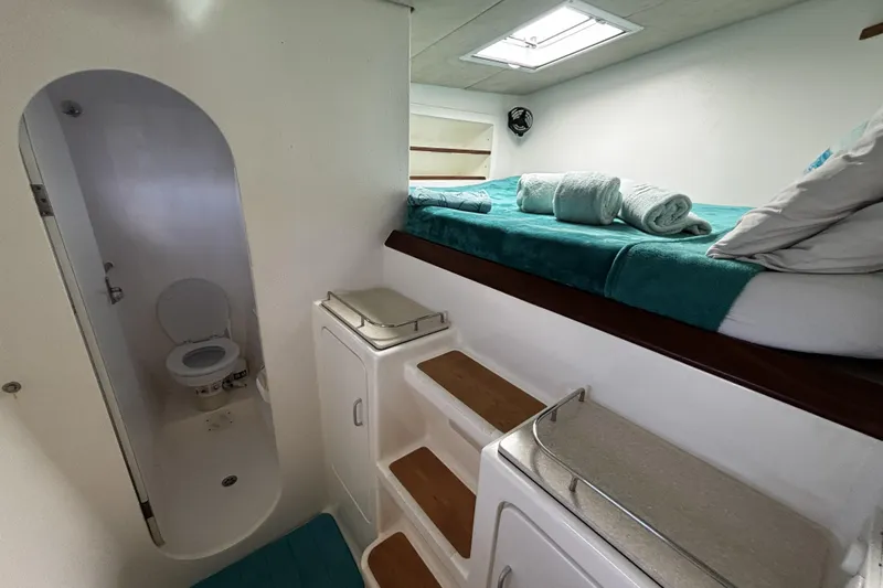 Windborne Yacht Photos Pics Cozy cabin interior of 2015 Voyage Yachts 520 with bed, steps, and en-suite head