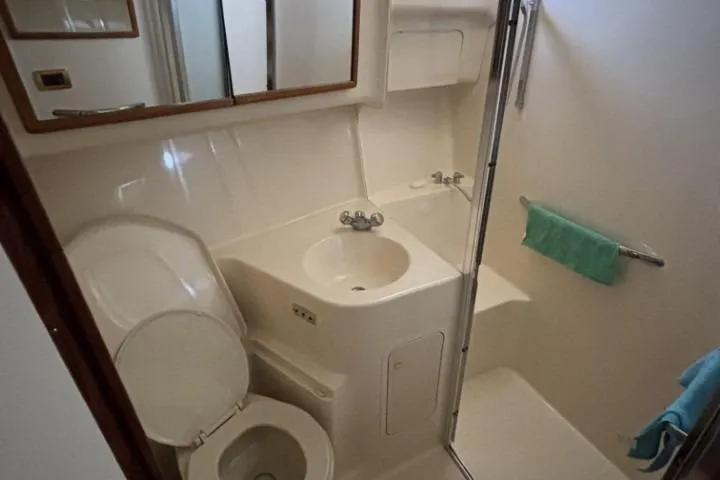 Gazoo Yacht Photos Pics 2001 Sea Ray 400 Sedan Bridge bathroom with sink, toilet, and shower area.
