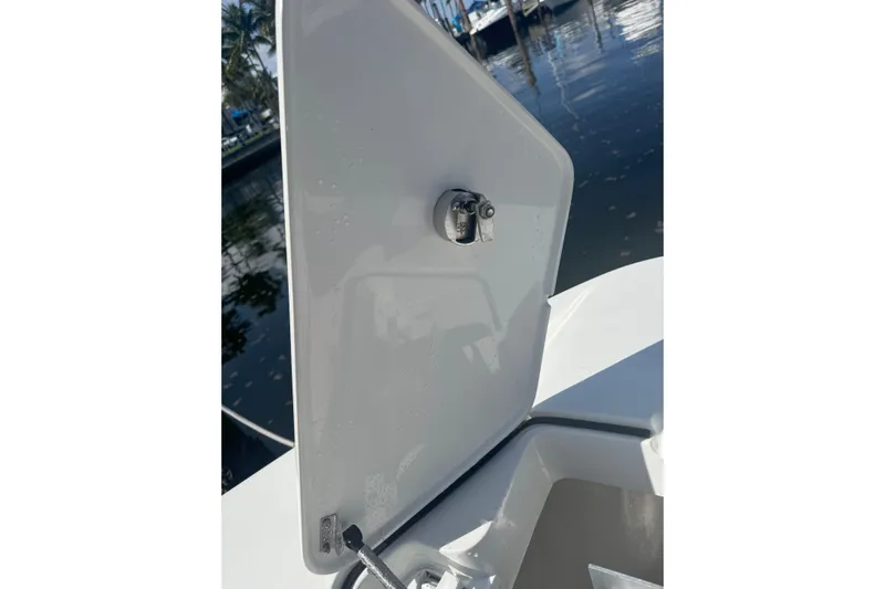  Yacht Photos Pics Open hatch on 2021 Sea-Lion 27 CC boat, dockside view.