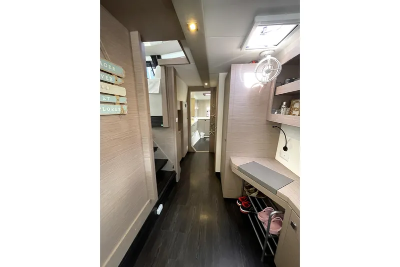 No Brainer Yacht Photos Pics Interior of 2022 Fountaine Pajot Astrea 42 yacht, featuring modern design and wooden finishes.
