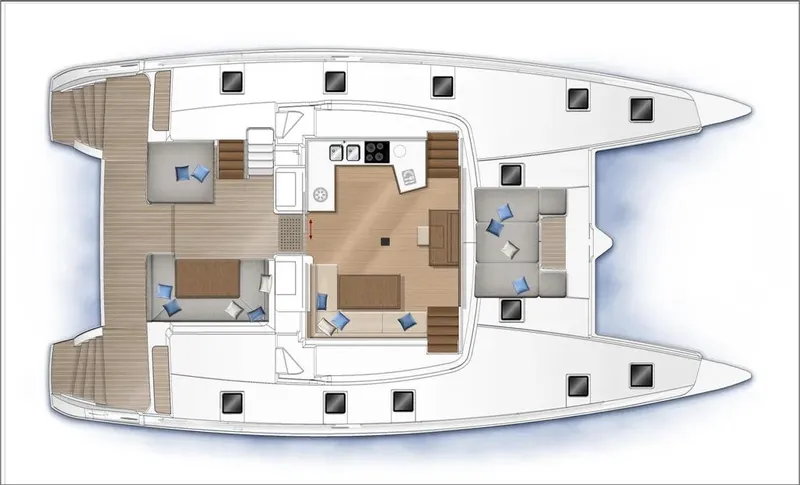 Happy Ours Yacht Photos Pics Floor plan of 2022 Lagoon 52 F catamaran, featuring spacious deck and interior layout.