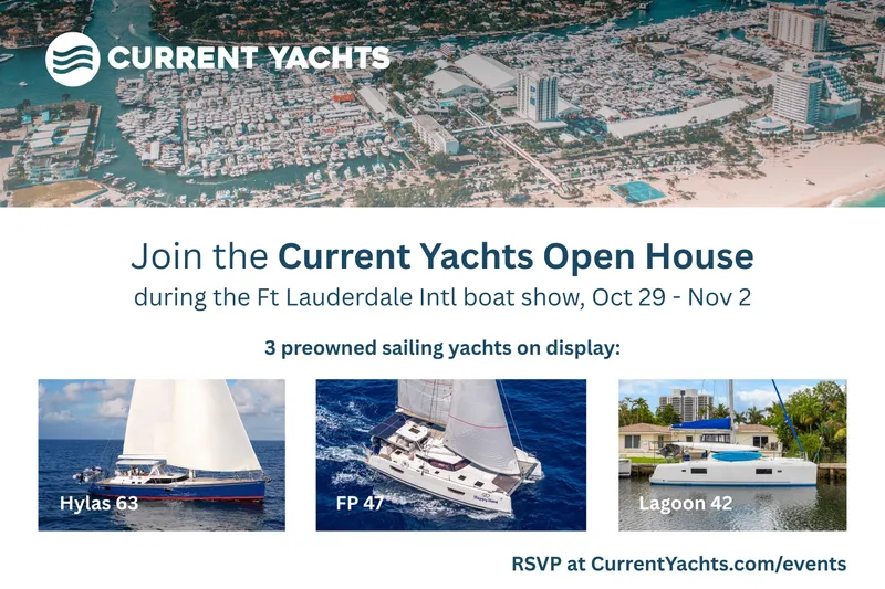 Happy Ours Yacht Photos Pics Current Yachts Open House event flyer featuring Lagoon 52 F, 2022 model.