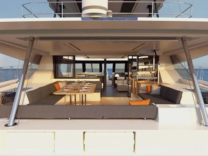 Samana 59 In St.thomas. Ex-factory Nov 2025 Yacht Photos Pics 2024 Fountaine Pajot Samana 59 luxury catamaran with spacious outdoor seating and dining area.
