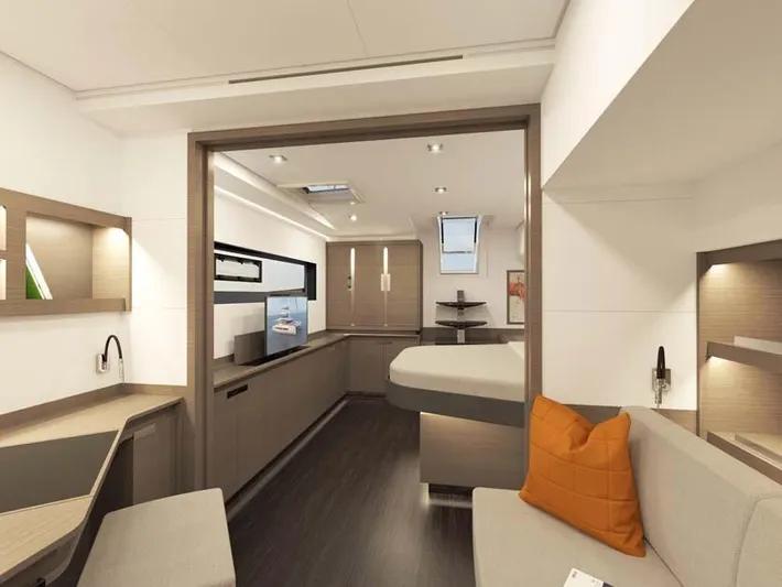 Samana 59 In St.thomas. Ex-factory Nov 2025 Yacht Photos Pics Modern interior of 2024 Fountaine Pajot Samana 59 yacht with sleek design and cozy seating.