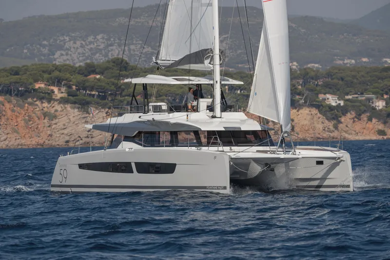 Samana 59 In St.thomas. Ex-factory Nov 2025 Yacht Photos Pics 2024 Fountaine Pajot Samana 59 sailing catamaran on the water.