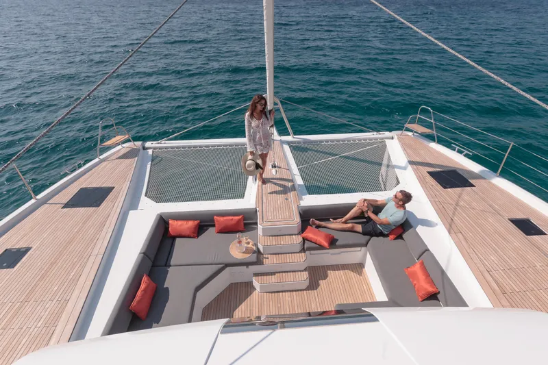 Samana 59 In St.thomas. Ex-factory Nov 2025 Yacht Photos Pics 2024 Fountaine Pajot Samana 59 catamaran with spacious deck and lounging area.
