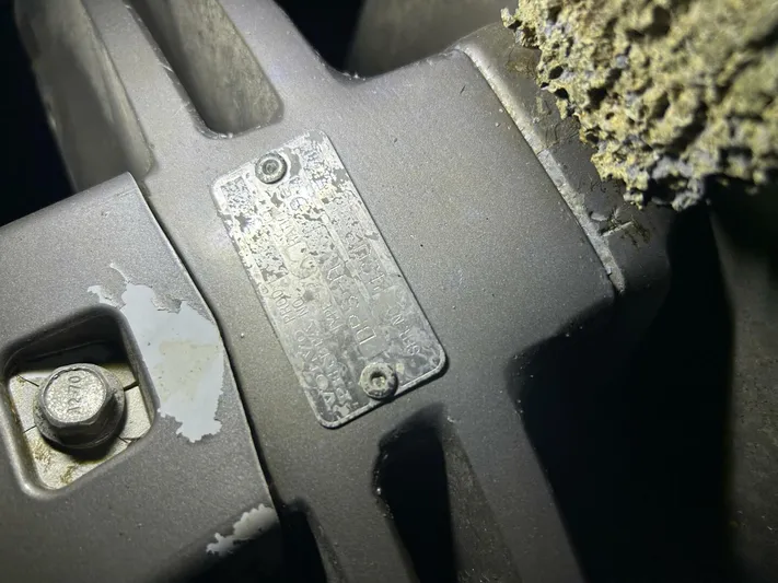  Yacht Photos Pics Close-up of a 2008 Four Winns V358 engine component with a metal identification plate.