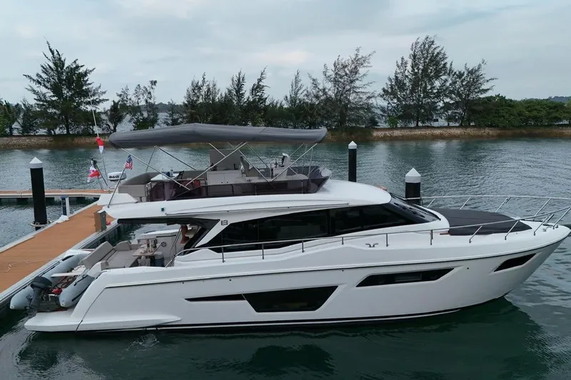  Yacht Photos Pics 2022 Ferretti Yachts 500 docked, featuring sleek design and modern amenities.