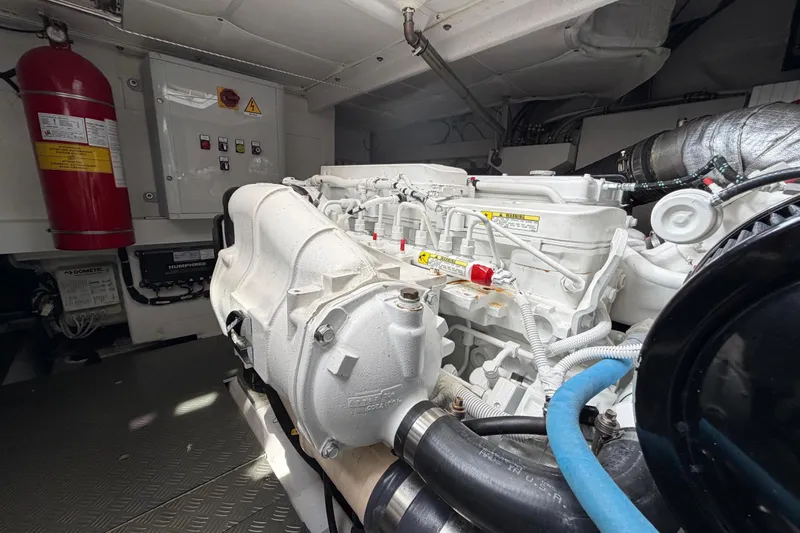  Yacht Photos Pics Engine room of 2023 Ferretti Yachts 500, featuring machinery and safety equipment.
