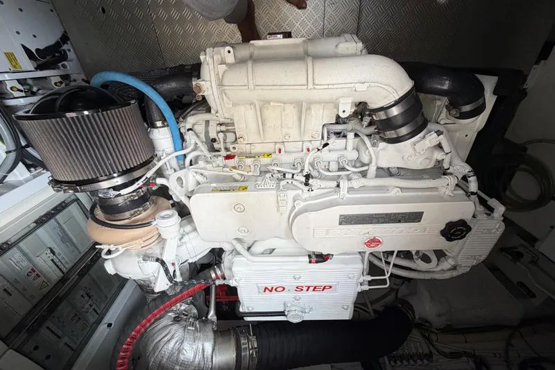  Yacht Photos Pics Engine room of 2023 Ferretti Yachts 500, showcasing a powerful marine engine.