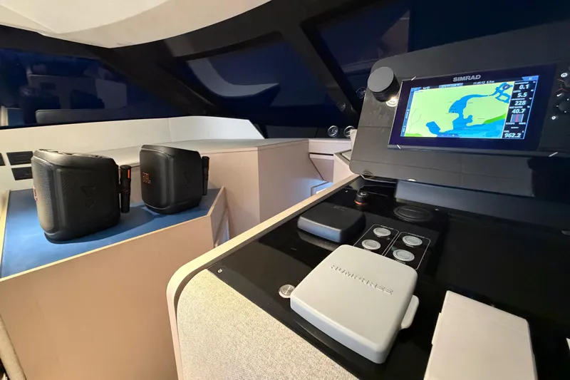  Yacht Photos Pics Interior of 2023 Ferretti Yachts 500 with navigation system and speakers.