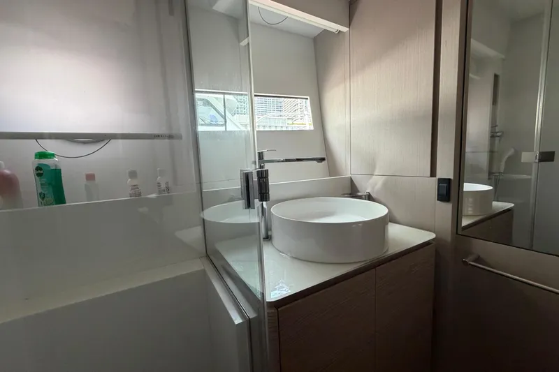  Yacht Photos Pics Modern bathroom interior on 2023 Ferretti Yachts 500, featuring sleek design and elegant fixtures.