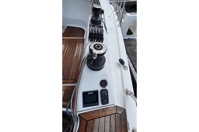 Respite Yacht Photos Pics Deck of 2014 Hanse 345 sailboat with winch and B&G control panel.