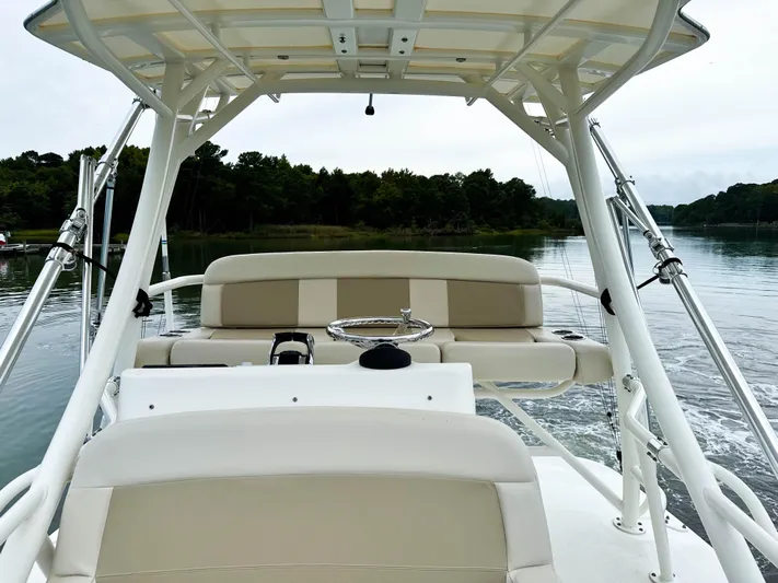 Seas The Day Yacht Photos Pics 2017 Boston Whaler 420 Outrage boat interior with seating and canopy on calm water.