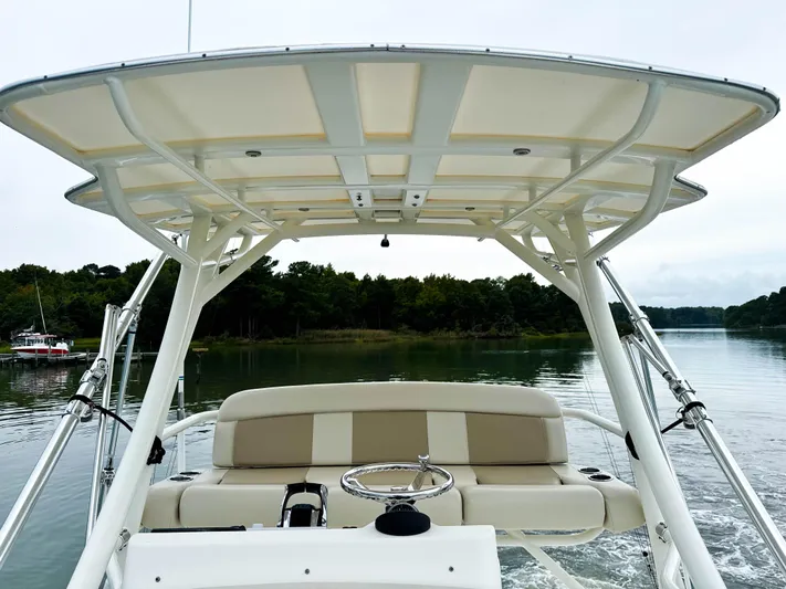 Seas The Day Yacht Photos Pics 2017 Boston Whaler 420 Outrage boat on calm water, featuring a spacious helm and canopy.