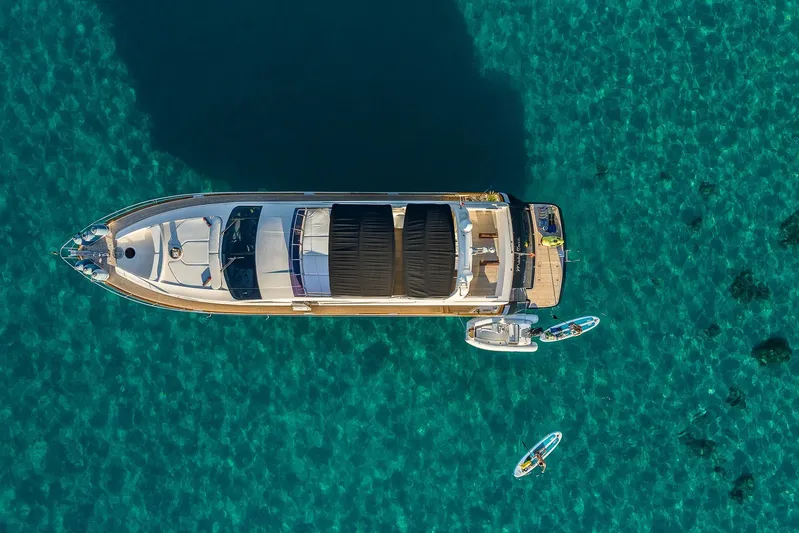 Mr Corn Yacht Photos Pics Aerial view of 2010 Rodman Muse 74 yacht on clear turquoise water.