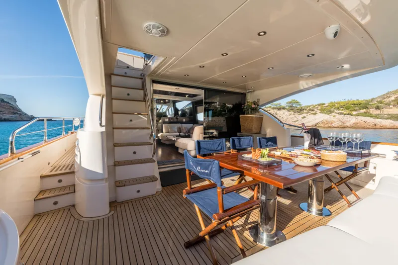 Mr Corn Yacht Photos Pics Luxurious 2010 Rodman Muse 74 yacht deck with dining setup and ocean view.