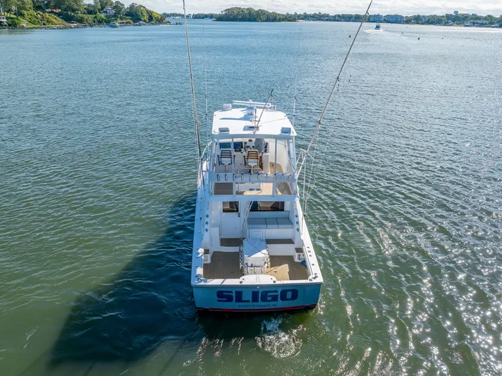 Sligo Yacht Photos Pics 2023 Henriques 42 Convertible boat cruising on a sunny, calm waterway.