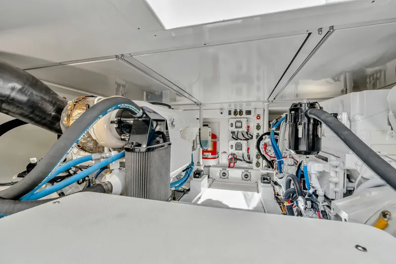 Sligo Yacht Photos Pics Engine room of 2023 Henriques 42 Convertible boat, showcasing advanced machinery and wiring.