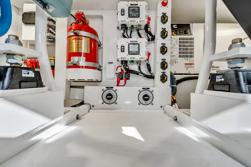 Sligo Yacht Photos Pics Engine room of 2023 Henriques 42 Convertible with fire suppression system and control panels.