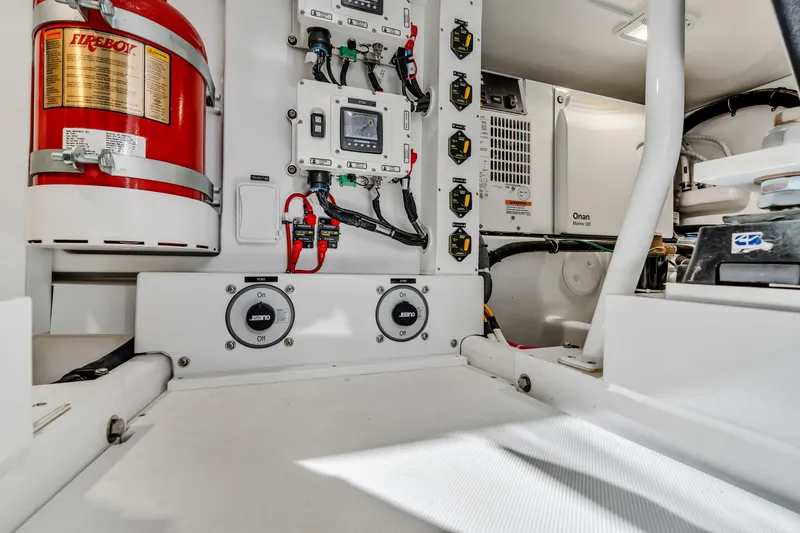 Sligo Yacht Photos Pics Engine room of 2023 Henriques 42 Convertible with fire suppression system and control panels.