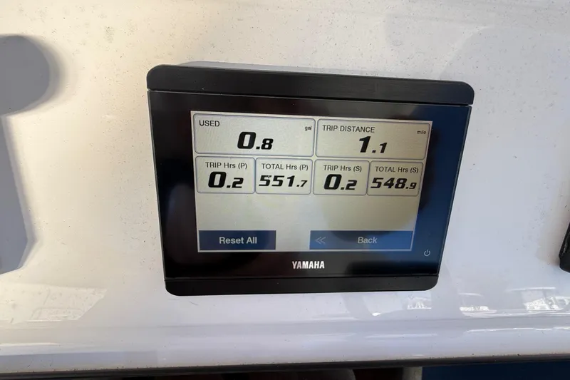  Yacht Photos Pics Yamaha display showing fuel usage and trip data on 2024 Contender 30 ST boat.