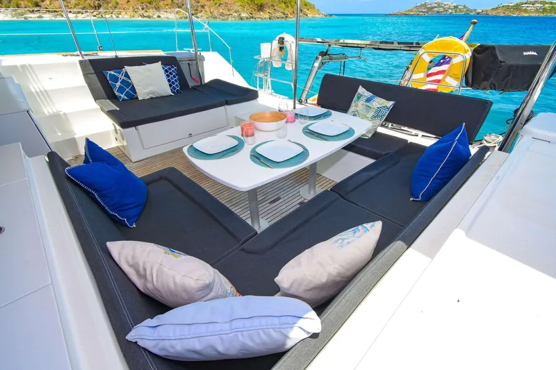 Rapscallion Yacht Photos Pics Luxurious Lagoon 450 F yacht deck with elegant seating and ocean view, 2018 model.