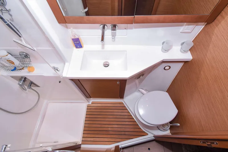 Rapscallion Yacht Photos Pics 2018 Lagoon 450 F yacht bathroom with modern fixtures and wooden accents.